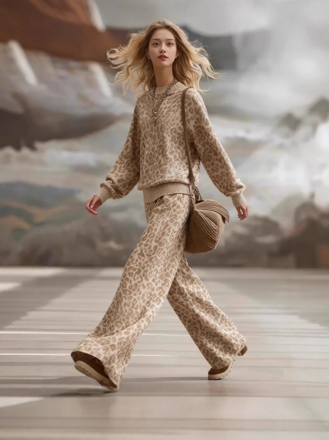 Autumn And Winter European And American Amazon Light Brown Leopard Print Suit Long-Sleeved