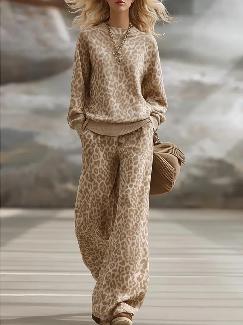 Autumn And Winter European And American Amazon Light Brown Leopard Print Suit Long-Sleeved
