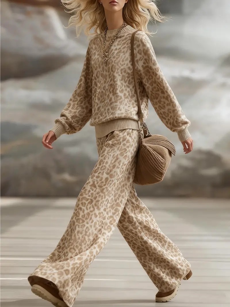 Autumn And Winter European And American Amazon Light Brown Leopard Print Suit Long-Sleeved