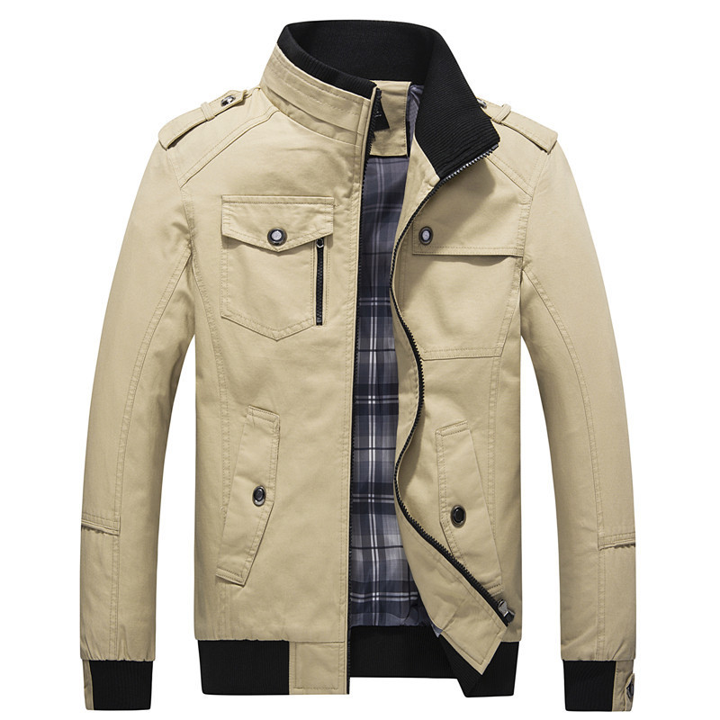 Autumn And Winter Thin Casual Brown Youth Side Seam Pocket Zipper Slim Fit Cotton Genuine