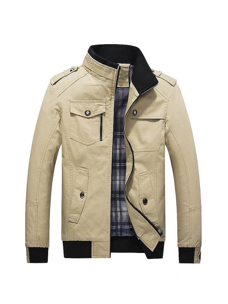 Autumn And Winter Thin Casual Brown Youth Side Seam Pocket Zipper Slim Fit Cotton Genuine