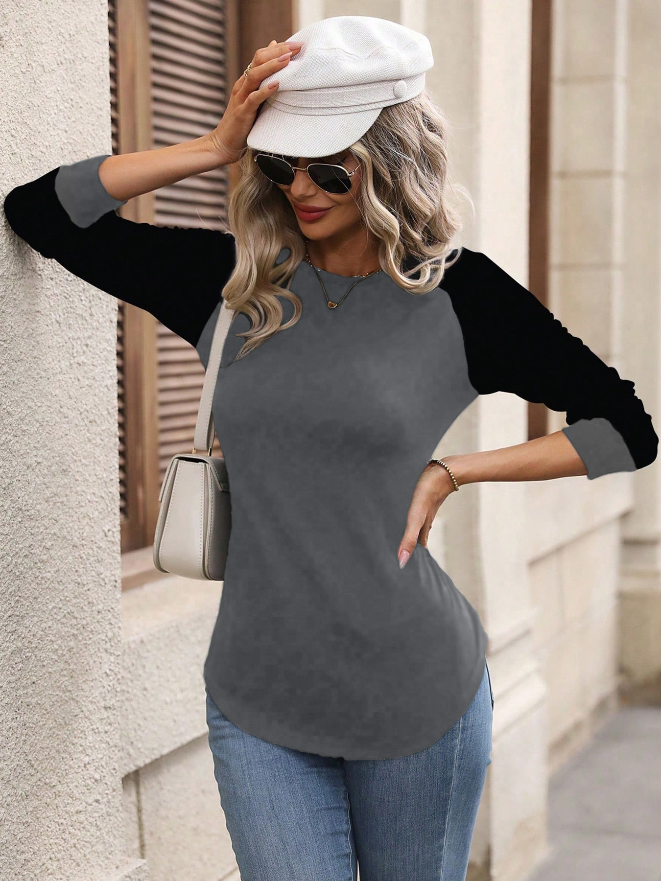 Autumn And Winter Women's TopsNew Knitwear Round Neck Brushed Contrasting Pure Color