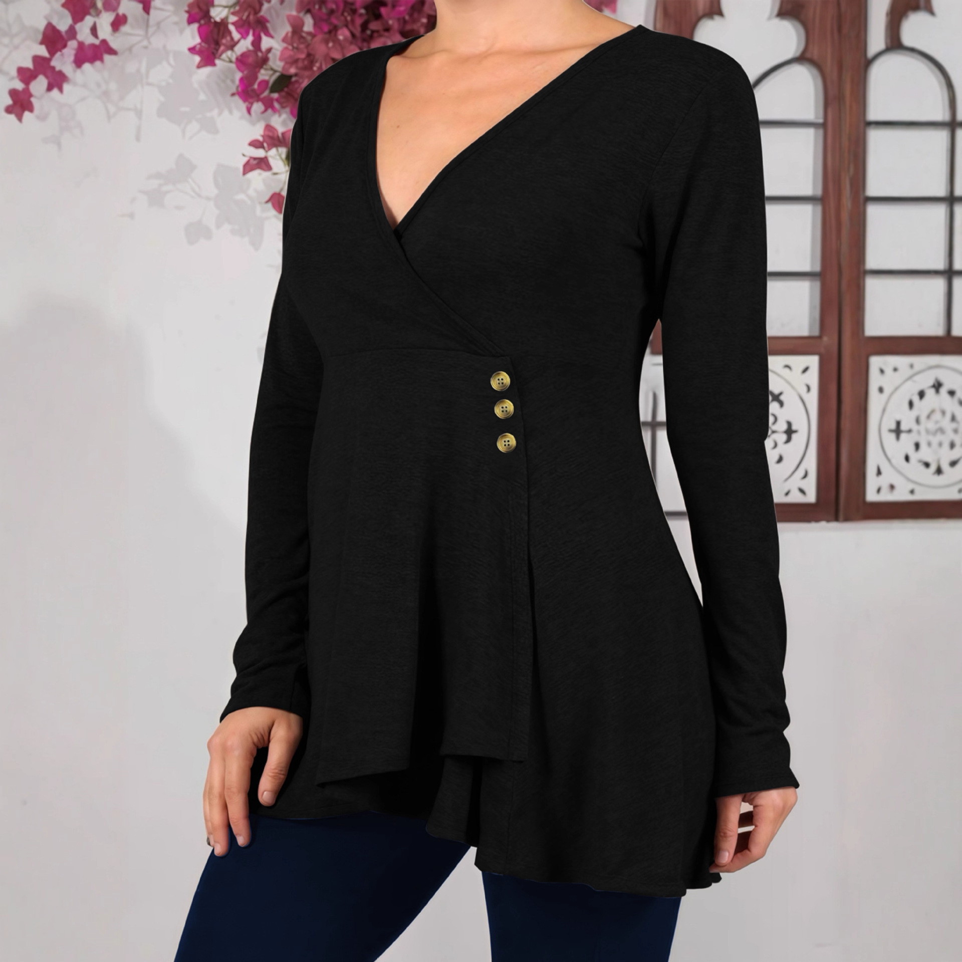 T-shirt da donna taglie forti a maniche lunghe con scollo a V tinta unita autunnale