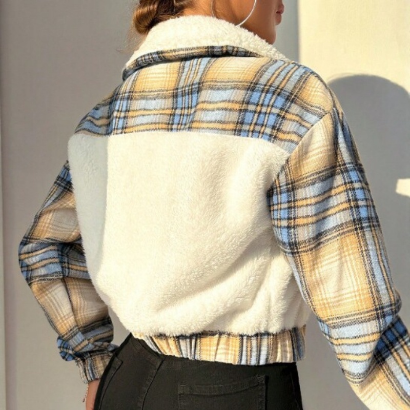 Autumnwinter Plaid Patchwork Plush Coat