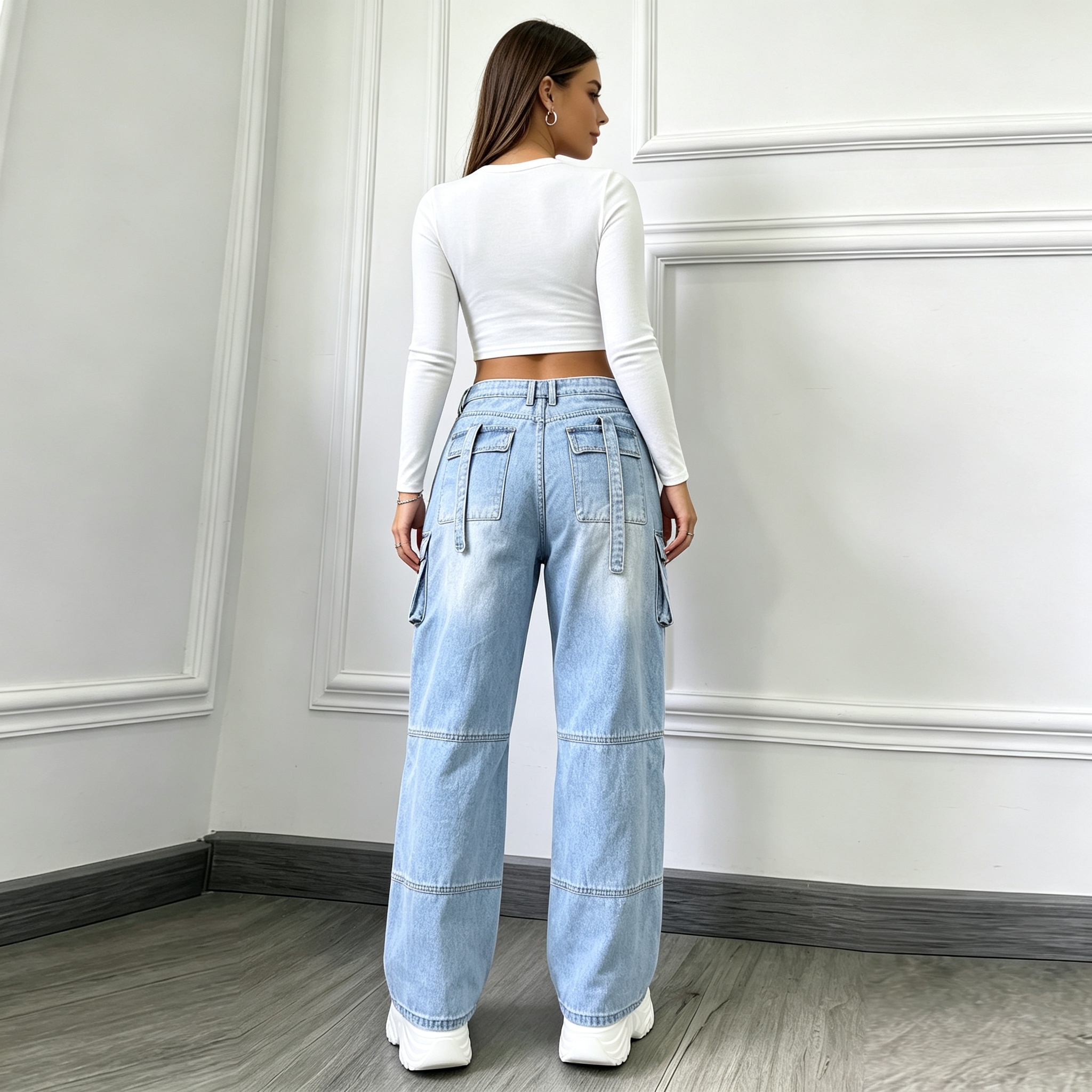 Baggy Cargo Jeans Women Multi Pocket Ripped Wide Leg Denim Pants Y2K Streetwear US