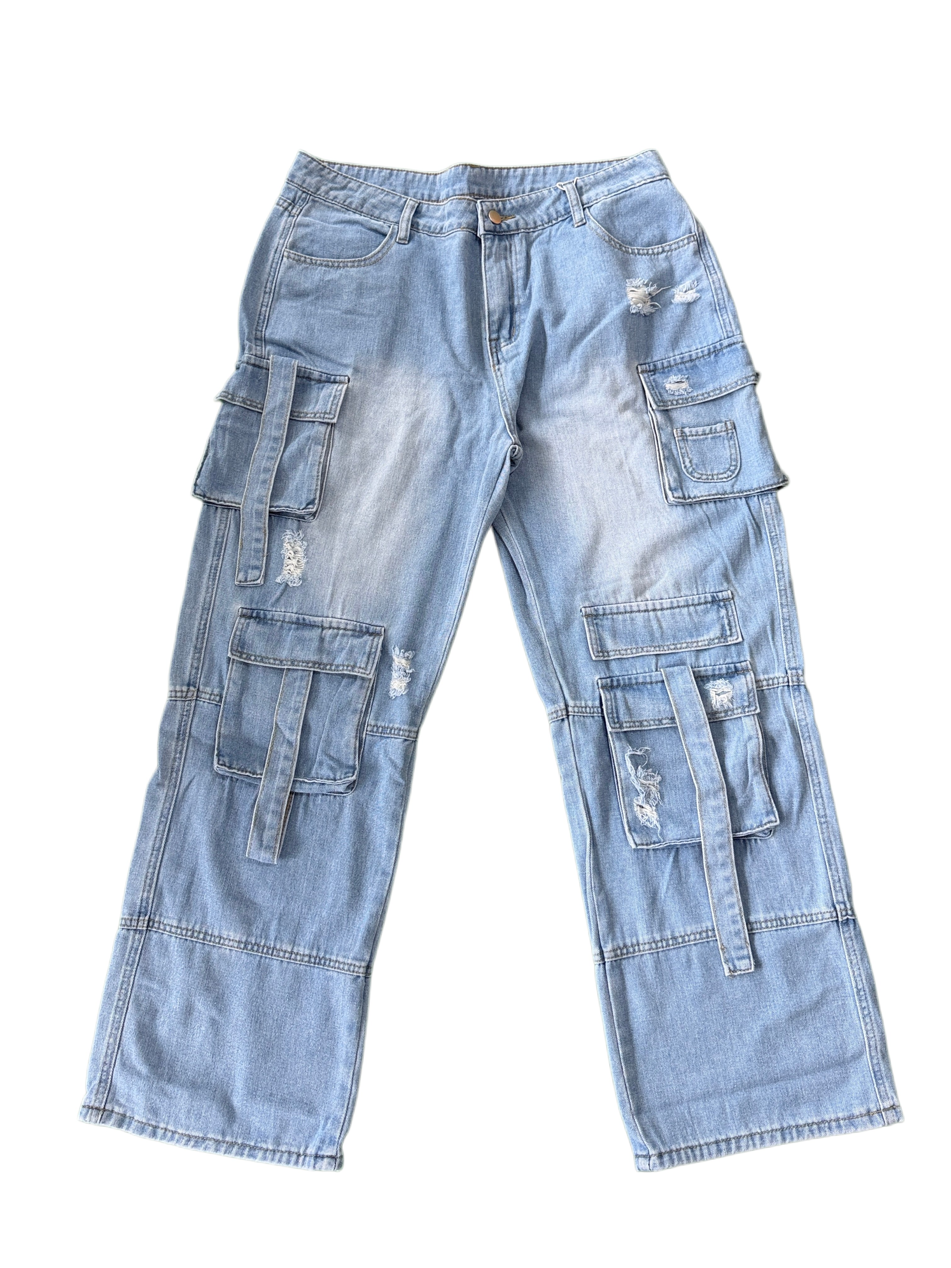 Baggy Cargo Jeans Women Multi Pocket Ripped Wide Leg Denim Pants Y2K Streetwear US