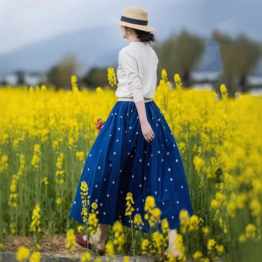 Blue Polka Dot Cotton Midi Skirt with Elastic Waist A-Line Design