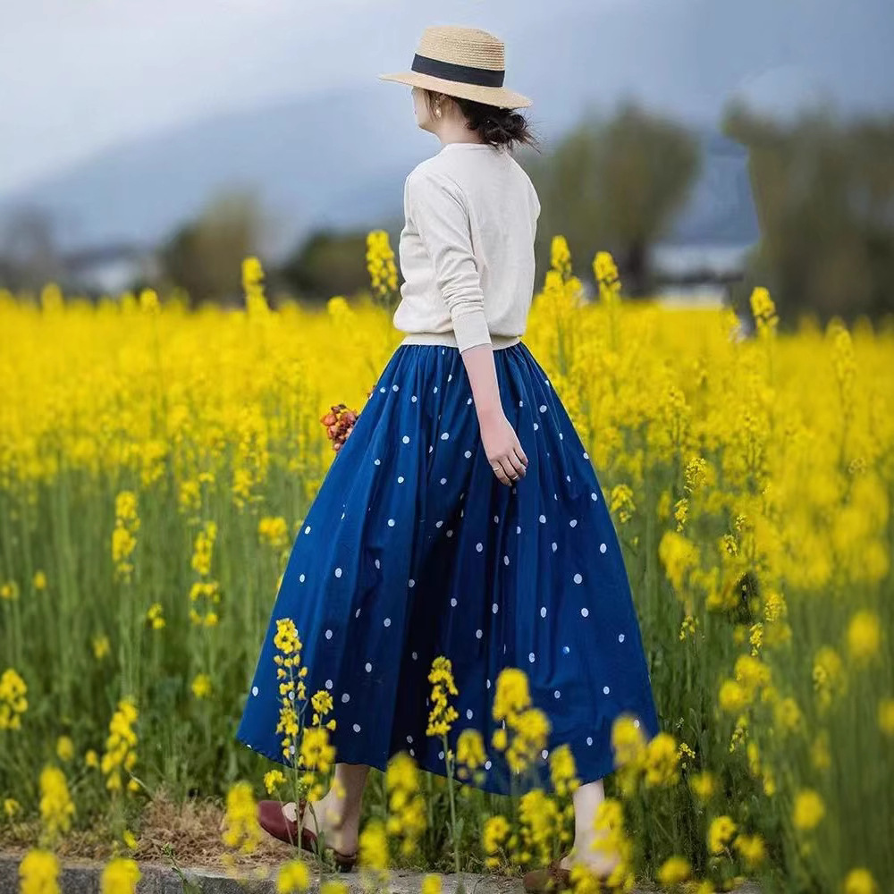 Blue Polka Dot Cotton Midi Skirt with Elastic Waist A-Line Design