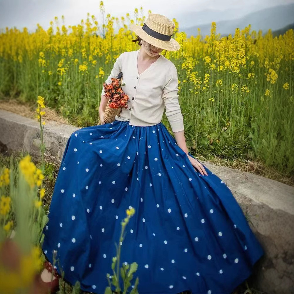 Blue Polka Dot Cotton Midi Skirt with Elastic Waist A-Line Design