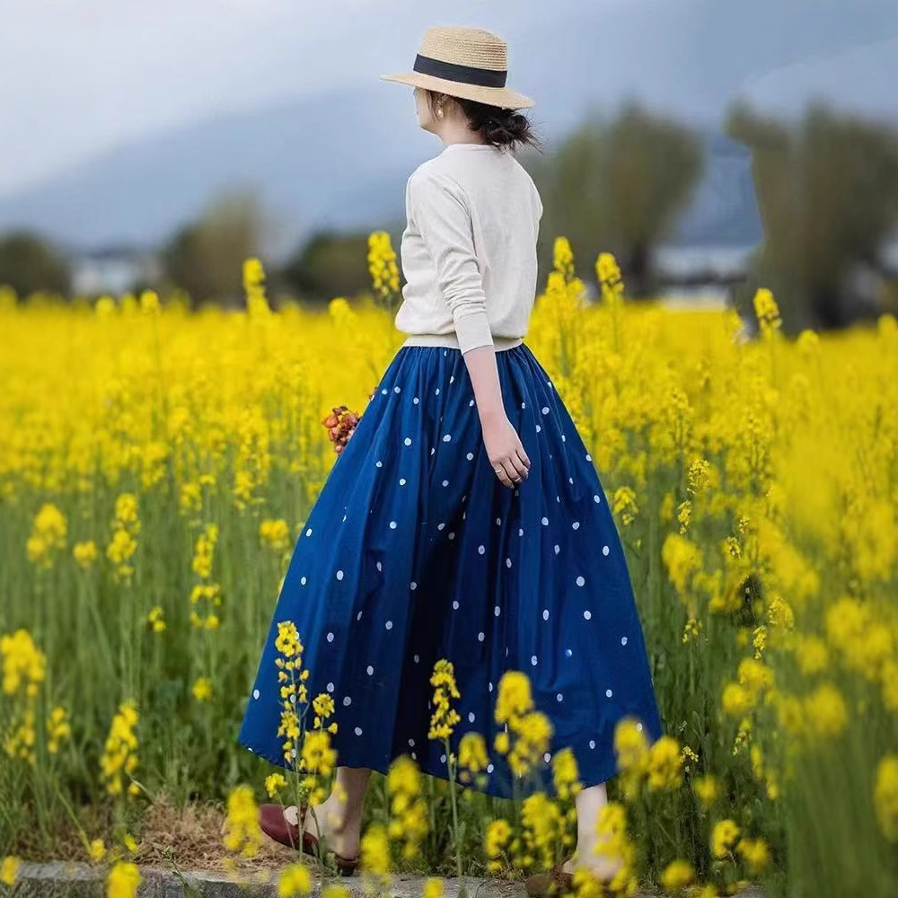 Blue Polka Dot Cotton Midi Skirt with Elastic Waist A-Line Design