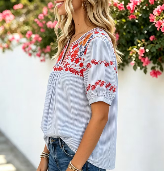 Blue Stripe Floral Embroidered Split Neck Casual Blouse