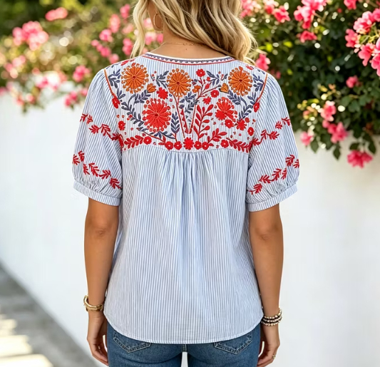 Blue Stripe Floral Embroidered Split Neck Casual Blouse