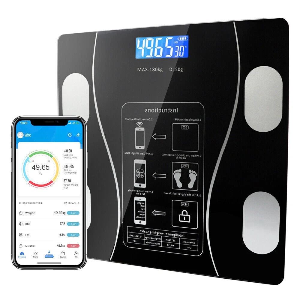 Testzsírmérleg 180 kg Bluetooth Smart BMI digitális fürdőszobai vezeték nélküli mérleg