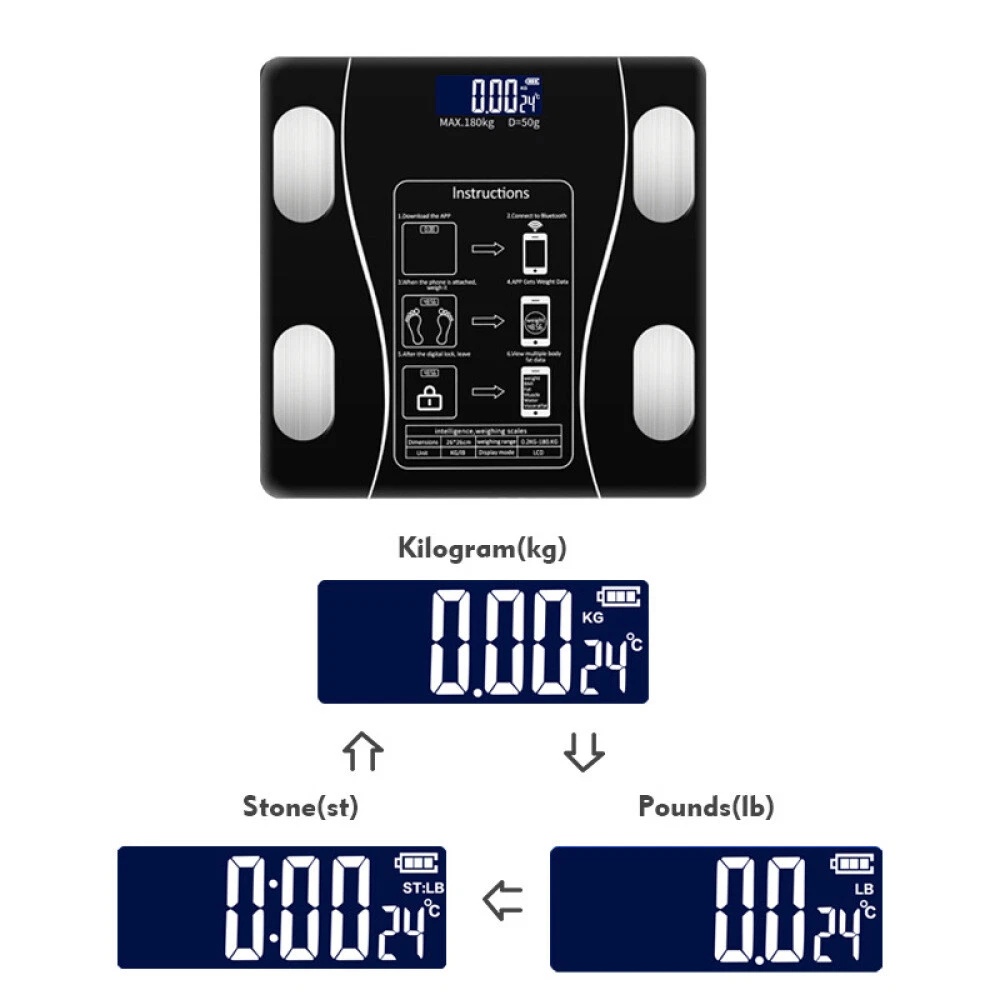 Testzsírmérleg 180 kg Bluetooth Smart BMI digitális fürdőszobai vezeték nélküli mérleg