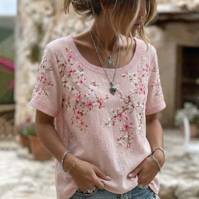 Bohemian Lantern-Sleeve Womens Loose-Fit Retro Floral-Print Top