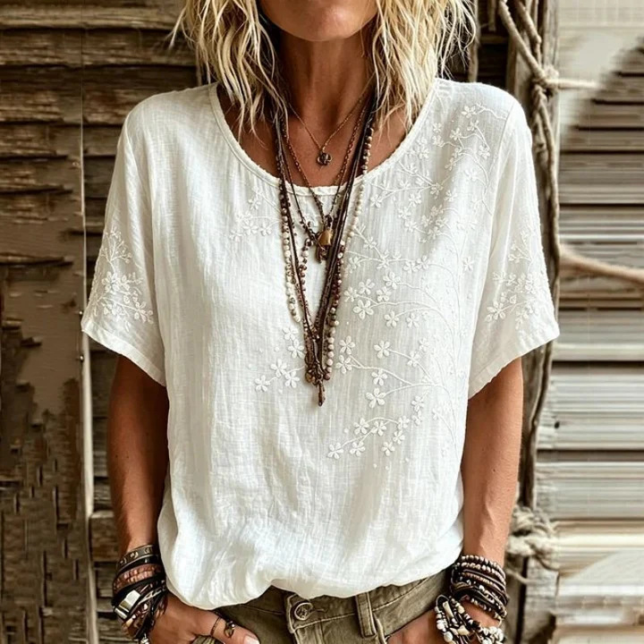 Bohemian Lantern-Sleeve Womens Loose-Fit Retro Floral-Print Top