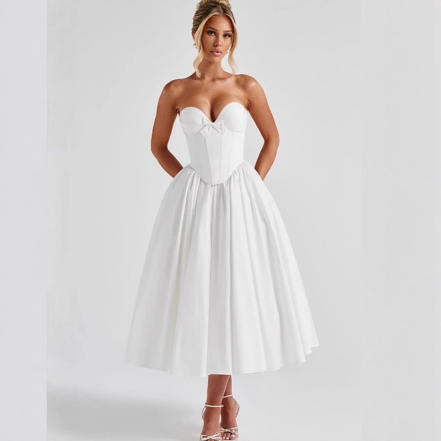 Bow-decorated Strapless Fishbone Sleeveless Dress