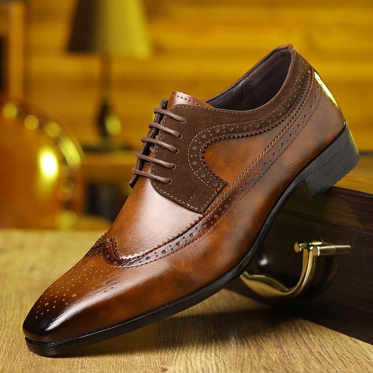 British Brogue Carved Leather Shoes, Pointed Toe Lace-Up Men's Business Wedding Shoes