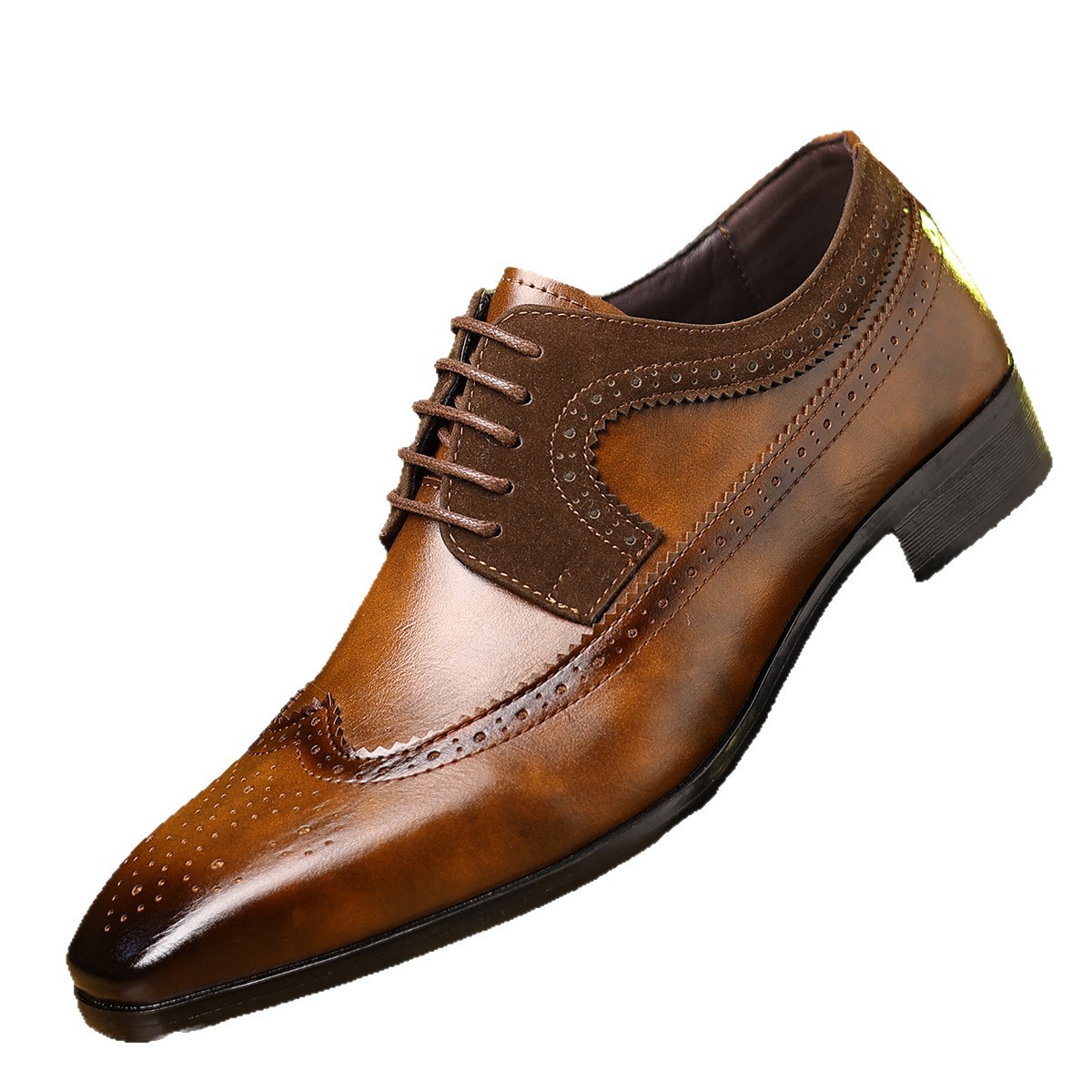British Brogue Carved Leather Shoes, Pointed Toe Lace-Up Men's Business Wedding Shoes