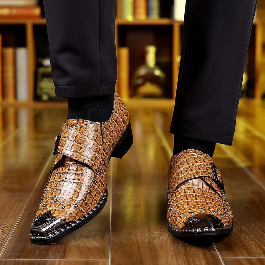 British Retro Monk Shoes, Crocodile Pattern Pointed Leather Shoes With Buckles And Rivets