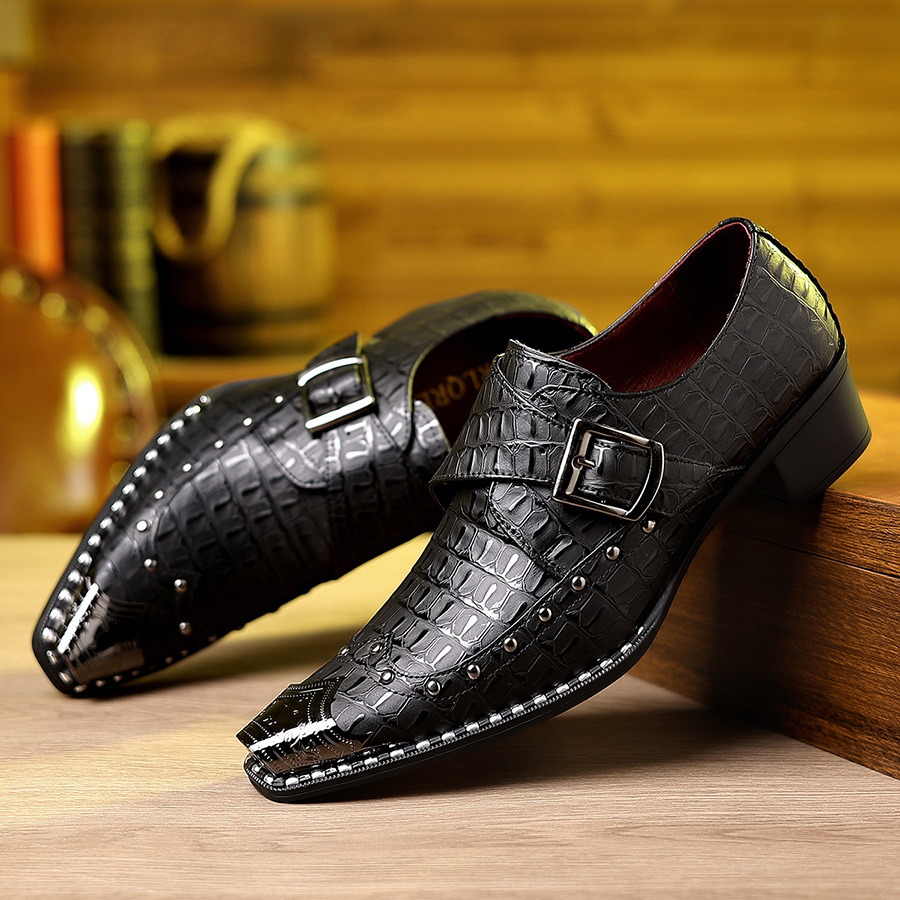 British Retro Monk Shoes, Crocodile Pattern Pointed Leather Shoes With Buckles And Rivets