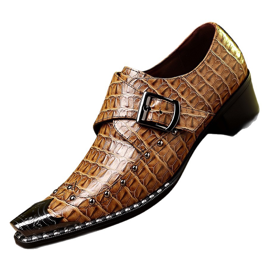 British Retro Monk Shoes, Crocodile Pattern Pointed Leather Shoes With Buckles And Rivets