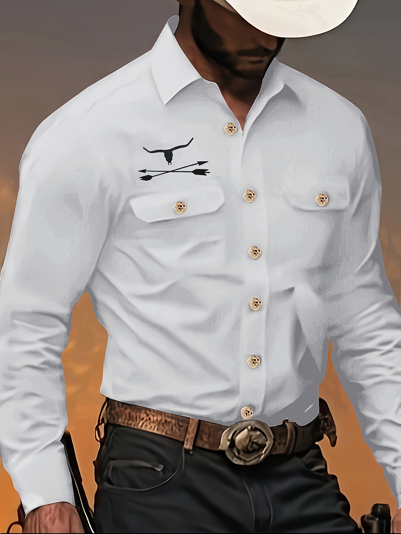 Bronzing-printed Mens Casual Lapel Long-sleeve Button-down Shirt