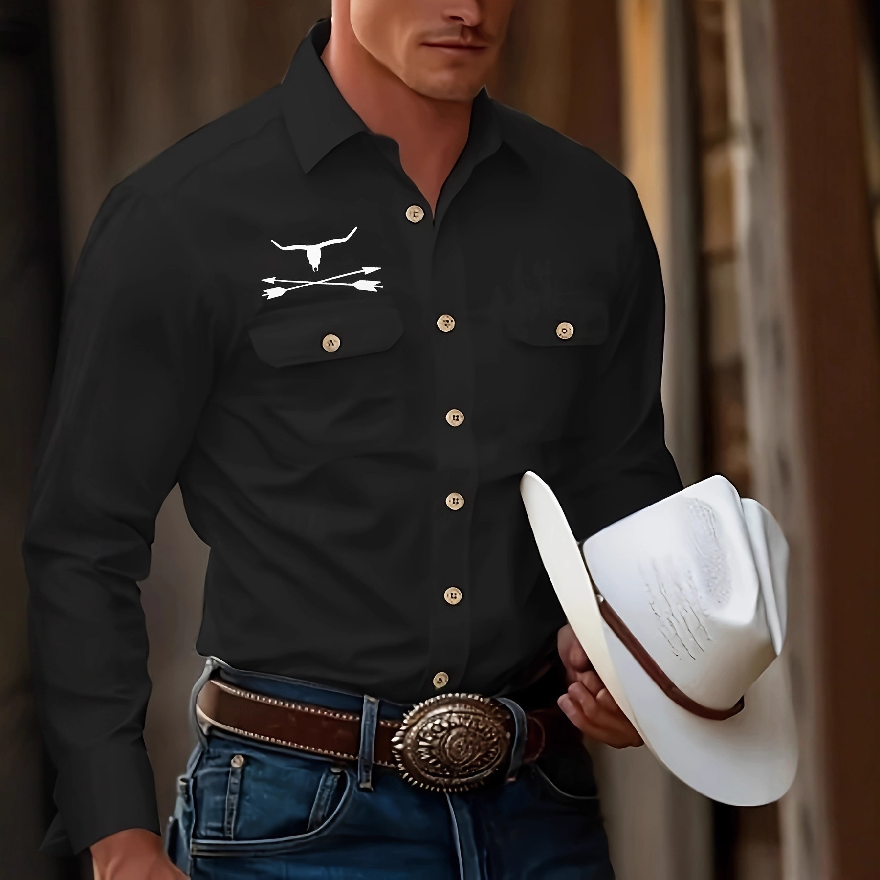 Camicia abbottonata a maniche lunghe con risvolto casual da uomo con stampa abbronzante