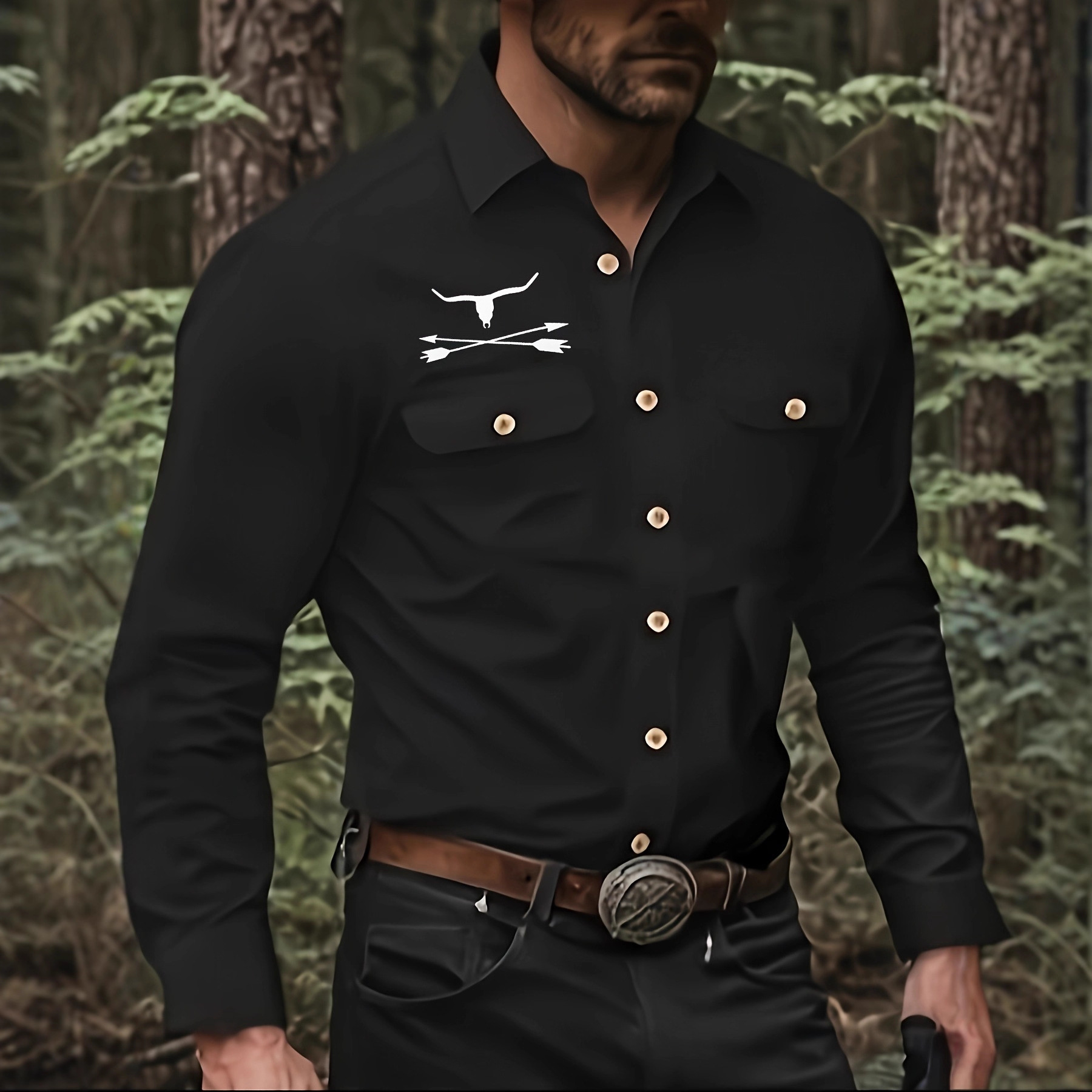 Camicia abbottonata a maniche lunghe con risvolto casual da uomo con stampa abbronzante