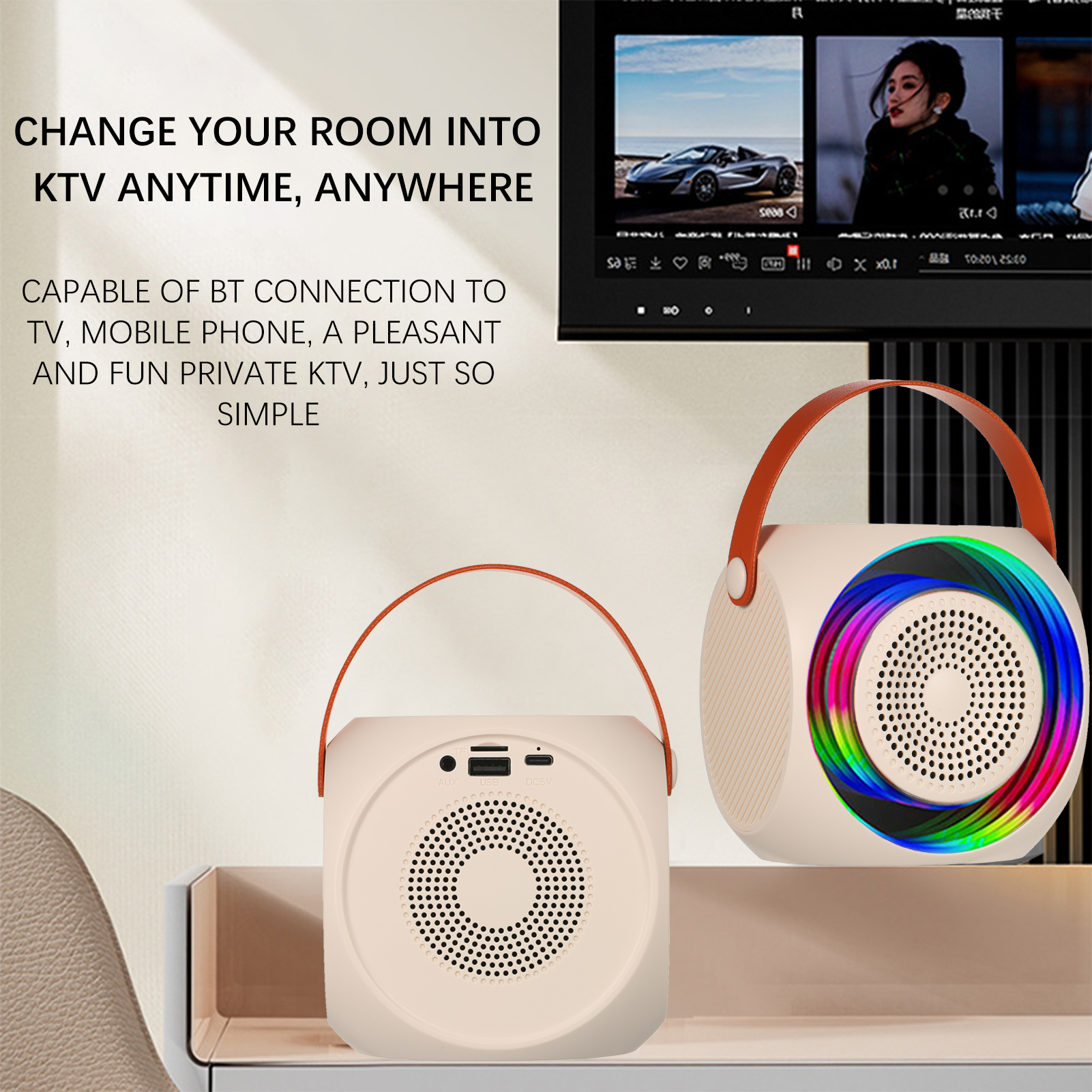 BT5.0 卡拉 OK 扬声器，带 2 个无线手持麦克风，可充电迷你便携式音箱