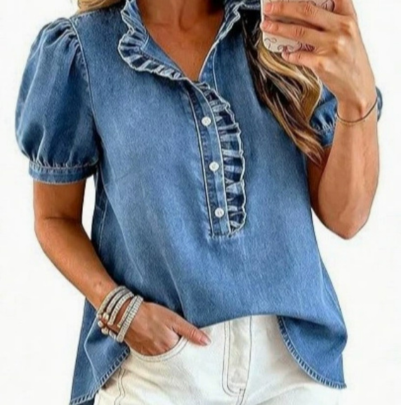 Bubble-sleeve Denim Shirt Top