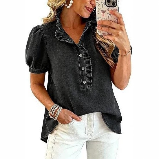 Bubble-sleeve Denim Shirt Top