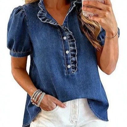 Bubble-sleeve Denim Shirt Top