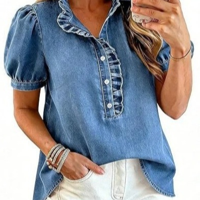 Bubble-sleeve Denim Shirt Top
