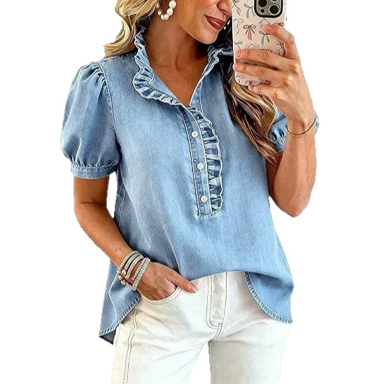Bubble-sleeve Denim Shirt Top