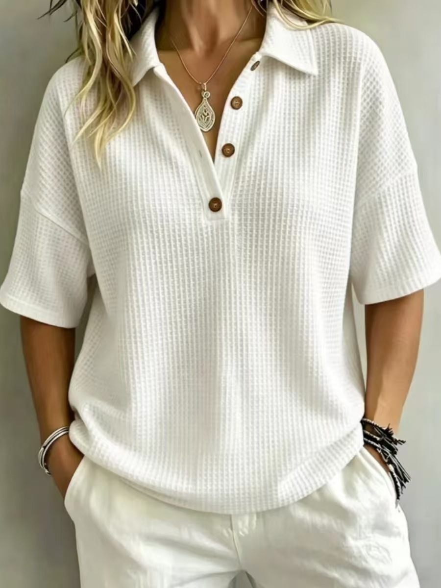 Buttoned Waffle-knit Short-sleeve Pullover T-shirt