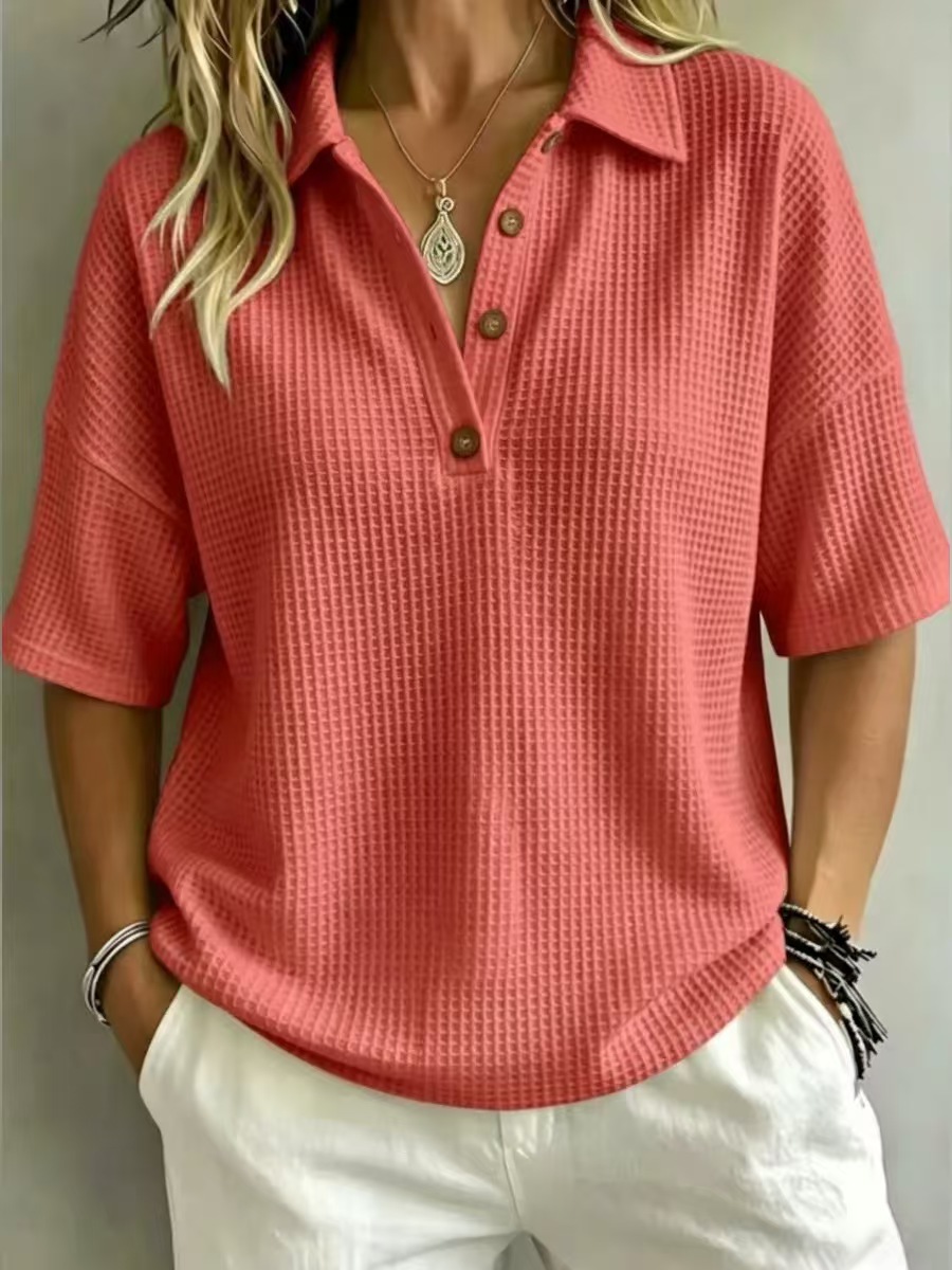 Buttoned Waffle-knit Short-sleeve Pullover T-shirt