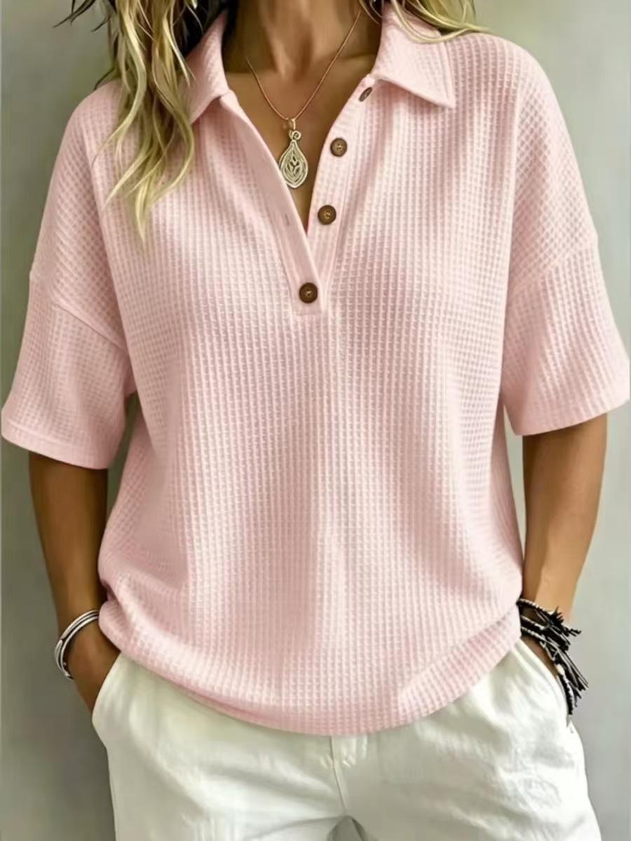 Buttoned Waffle-knit Short-sleeve Pullover T-shirt
