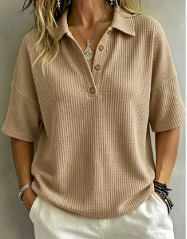 Buttoned Waffle-knit Short-sleeve Pullover T-shirt