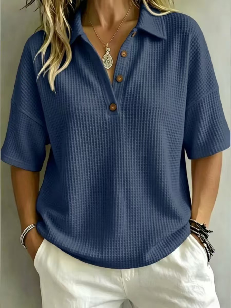 Buttoned Waffle-knit Short-sleeve Pullover T-shirt