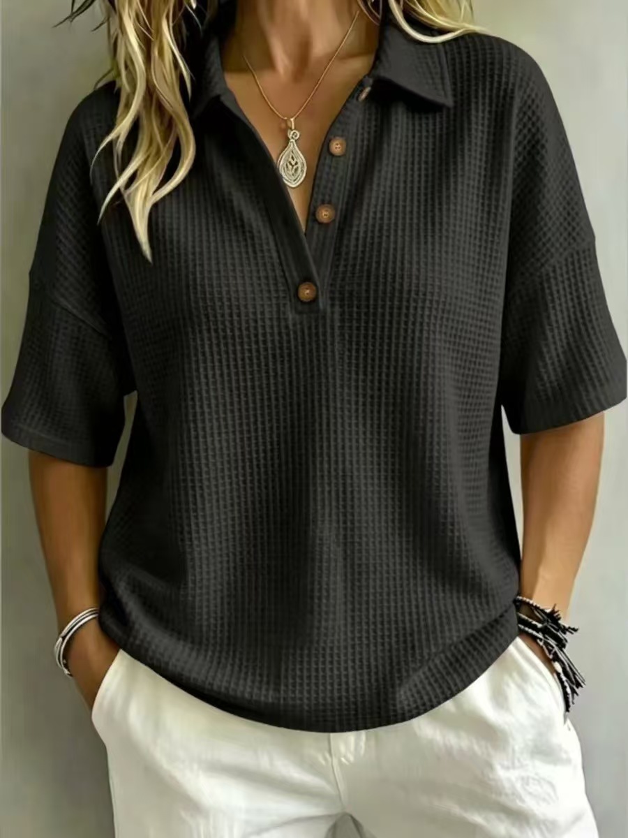 Buttoned Waffle-knit Short-sleeve Pullover T-shirt