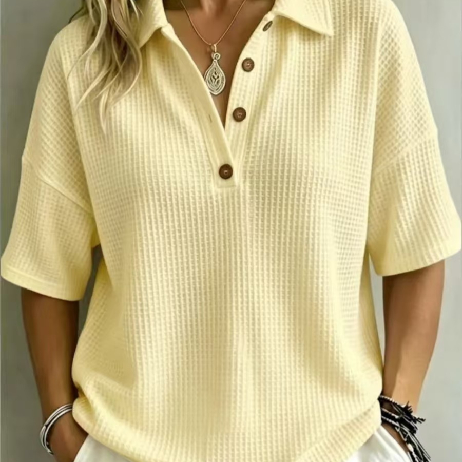 Buttoned Waffle-knit Short-sleeve Pullover T-shirt