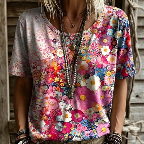 Casual Floral Print T-Shirt Loose Boho Short Sleeve Top