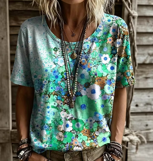Casual Floral Print T-Shirt Loose Boho Short Sleeve Top