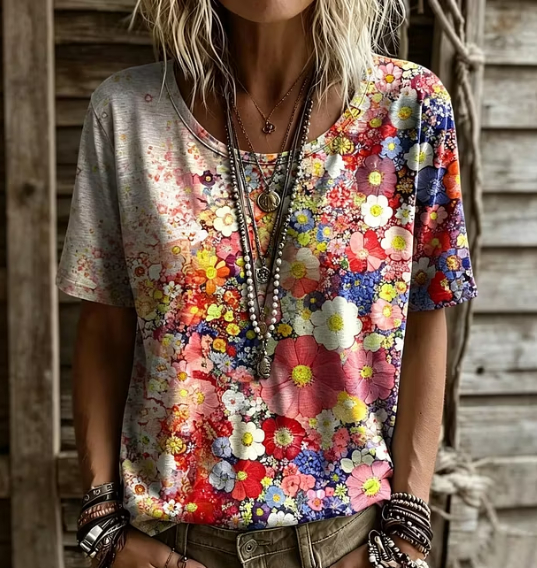 Casual Floral Print T-Shirt Loose Boho Short Sleeve Top
