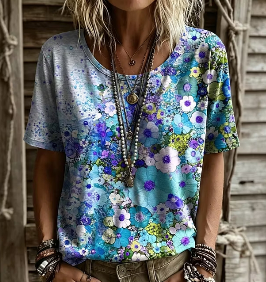 Casual Floral Print T-Shirt Loose Boho Short Sleeve Top