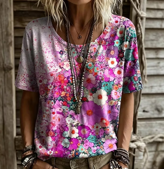Casual Floral Print T-Shirt Loose Boho Short Sleeve Top