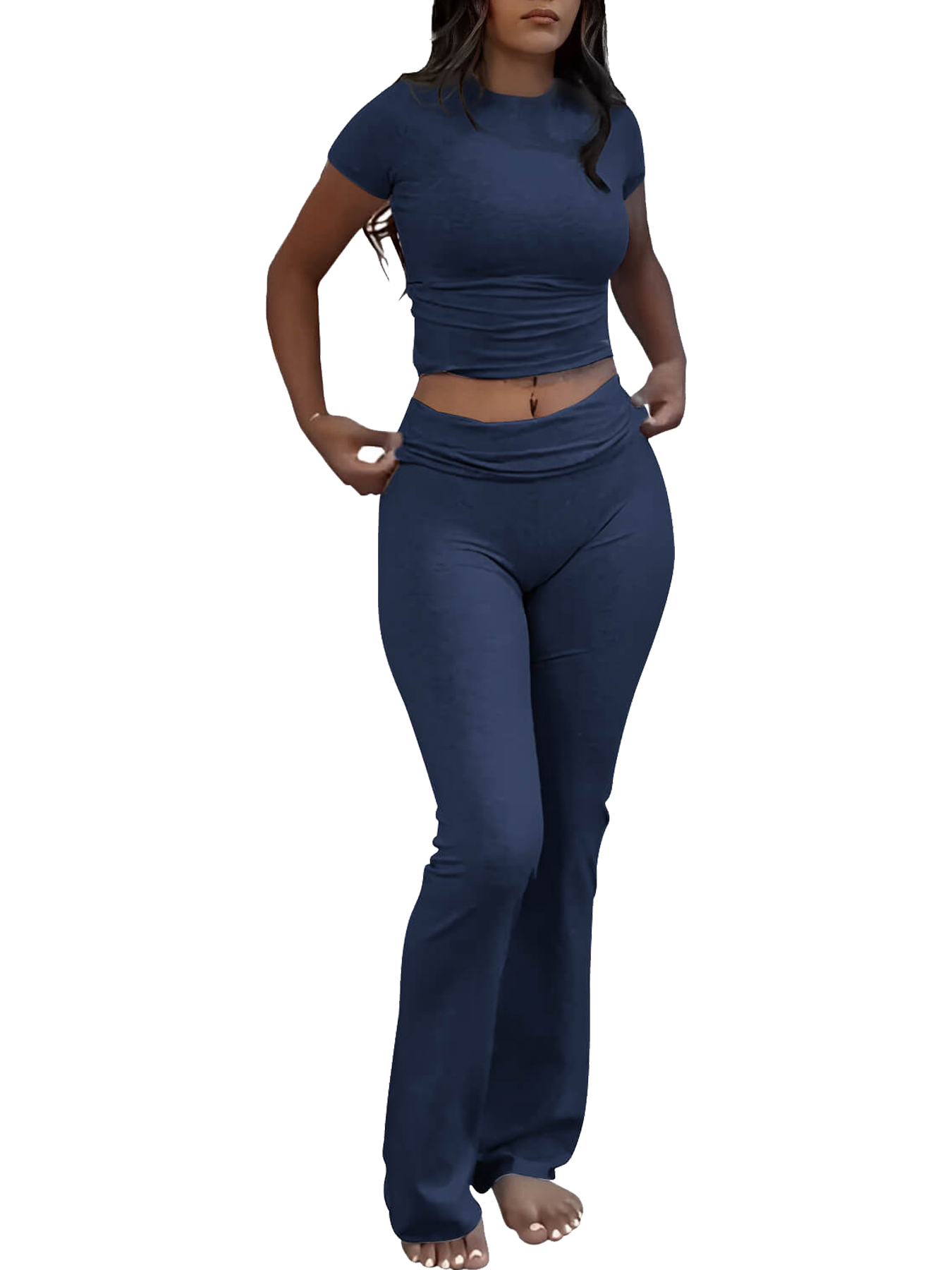 Conjunto casual de calças de duas peças de cor sólida slim fit, camiseta de manga curta com gola redonda e