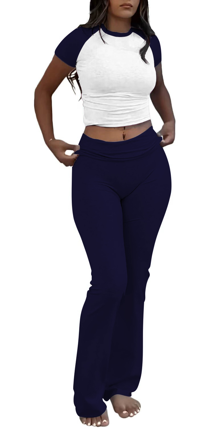 Conjunto casual de calças de duas peças de cor sólida slim fit, camiseta de manga curta com gola redonda e