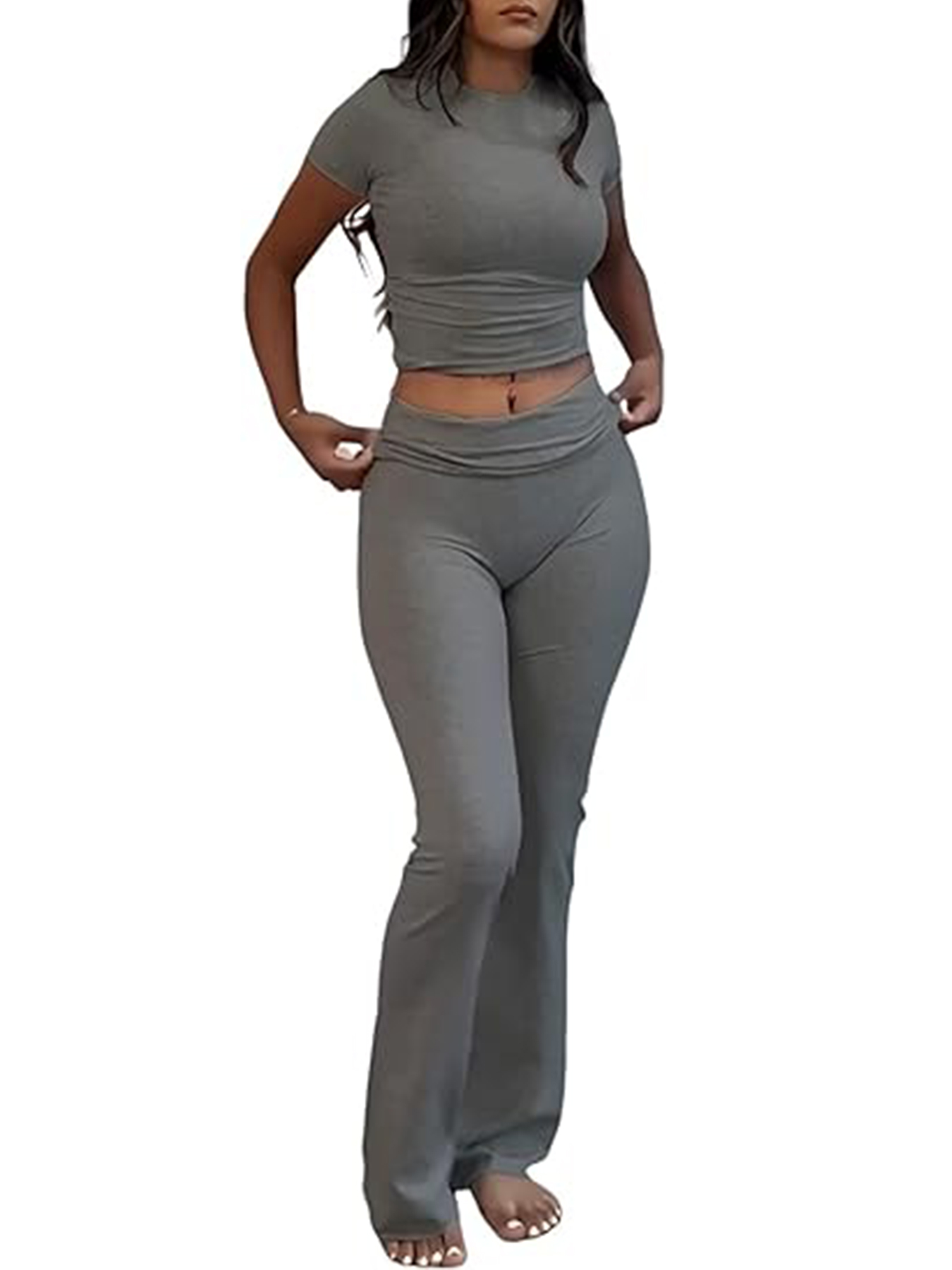 Conjunto casual de calças de duas peças de cor sólida slim fit, camiseta de manga curta com gola redonda e